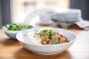 chana masala with steaming basmati rice bowl