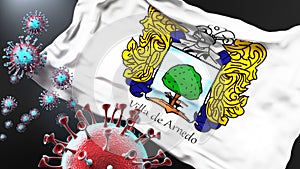 Chancay and covid pandemic - virus attacking a city flag of Chancay as a symbol of a fight and struggle with the virus pandemic in