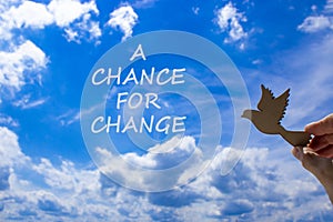 A chance for change symbol. Concept words A chance for change. Beautiful blue sky cloud background. Voter hand with wooden bird.