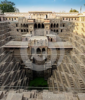 Chand Baori Step well in the village of Abhaneri, Rajasthan State, India, in vertical panoramic view.