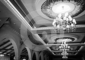chandelier, dark interior with lamp, architectural monument, Vintage chandelier,luxury retro style on dark background,black and w