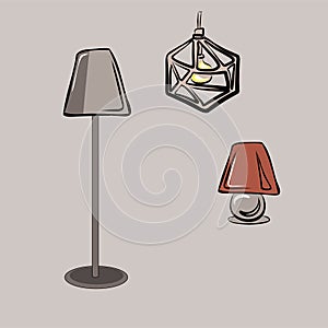 Chandelier, floor lamp, table lamp, lamp, home lighting. Furniture. Interior. Household items. Isolated vector objects from the se