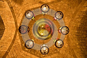 Chandelier inside the Taynal Mosque. Tripoli, Lebanon