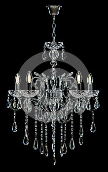 Chandelier for interior of the living room. Large silver crystal chandelier isolated on black background