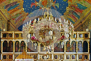 Chandelier in orthodox church - Bujoreni Monastery, landmark attraction in Romania