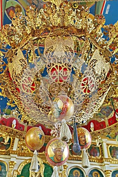 Chandelier in orthodox church - Bujoreni Monastery, landmark attraction in Romania