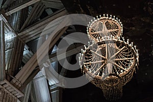 Chandelier with salt crystals in a mine