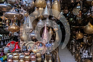 chandelier shop in the Jemaa el-Fnaa square a shop of typical and tribal objects in the Jemaa el-Fnaa square in