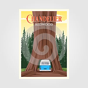 Chandelier tree with bus on redwood national park vintage poster illustration design