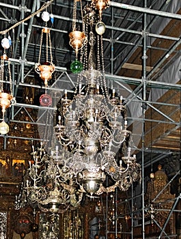 Chandelier and view of the iconostasis during reconstruction, Holy Church of the Nativity of Christ Bethlehem, Palestine, Israel