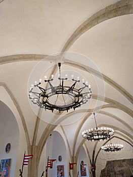 Chandeliers on the ceiling of the Diosgyor Castle in Hungary photo