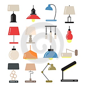 Chandeliers, modern lamps on desk and floor in light interior. Vector illustrations in flat style