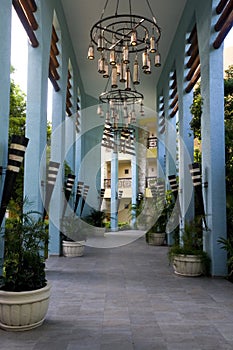 Chandeliers over walkway at luxury hotel in Mexico