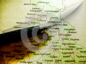 Chandigarh dehradun city name displayed on geographic map in India