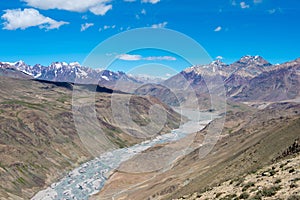 Chandra River Chenab River view from Kunzum Pass Kunzum La - Chandra Taal Moon Lake Trekking course in Spiti, India.