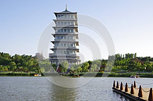 The chang `an tower in xi `an world expo park is the landmark of this tourist attraction.