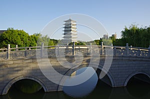 The chang `an tower in xi `an world expo park is the landmark of this tourist attraction.