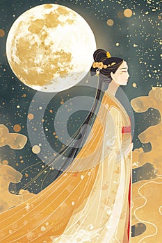 Chang'e, the Moon Goddess, stands before a full moon in a night sky. Generative AI photo