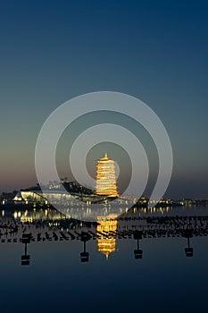 Changan tower at night, new landmark of Xi`an, Shaanxi, China