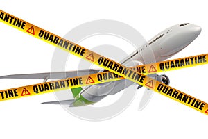 Change or cancellation flights, travel quarantine. Airplane with caution barrier tapes, 3D rendering