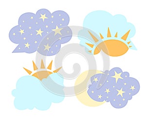 Change of day and night concept in cartoon style sun and moon in sky vector illustration isolated on white background web site pag