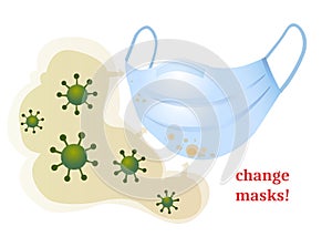 Change disposable masks on time. Virus cells on face mask