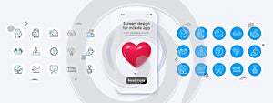 Change money, Winner reward and Flight mode line icons. For web app, printing. Phone mockup with 3d heart icon. Vector
