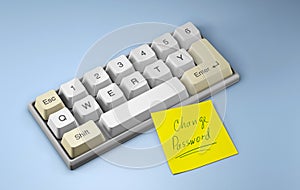Change password. Keyboard with letters qwerty and yellow office sticker on a blue background. 3d render photo