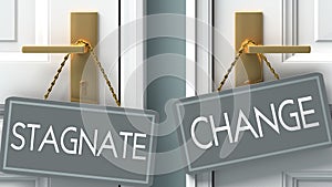 Change or stagnate as a choice in life - pictured as words stagnate, change on doors to show that stagnate and change are