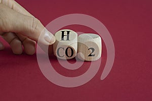 Change to fuel cell vehicles. Fliped cube, changed the expression CO2 to H2. Beautiful red background.