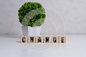 CHANGE word made with building blocks on table