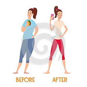 Changes before and after a diet. Slim and fat woman