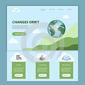 Changes orbit flat landing page website template. Waste, vulcanism, melting ice. Web banner with header, content and photo