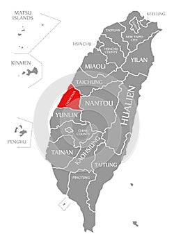 Changhua red highlighted in map of Taiwan