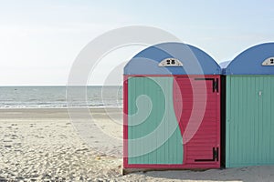 Changing booths storage rooms at beach in Dunkirk, Normandy, France