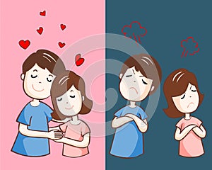 Changing couple relationship cartoon illustration