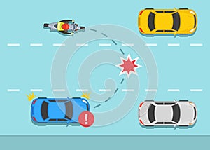 Changing lane accident. Same direction moving crash. Top view of a biker and car on a city road.