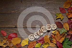 Changing leaves on wood with letters CHANGE