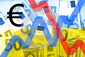 Changing rates of euro value during war in Ukraine. 3D rendering illustration of red and blue charts and euro symbol on money back