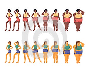 Changing the shape of a woman's body depending on the diet. Anarexia, normal weight, obesity. Set of female figures