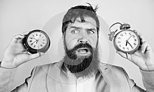 Changing time zones affect health. Time zone. Does changing clock mess with your health. Man bearded hipster hold two