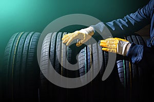 Changing tires concept. Set of new tires in a worker hands. Toned