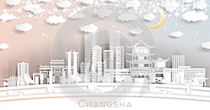 Changsha China City Skyline in Paper Cut Style with White Buildings, Moon and Neon Garland