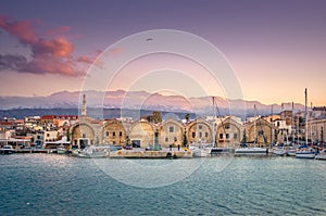 Chania with the amazing lighthouse, at sunset, Crete, Greece.