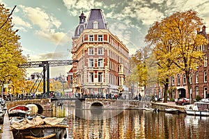 Channel in Amsterdam Netherlands houses river Amstel