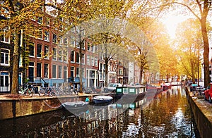 Channel in Amsterdam Netherlands houses river Amstel