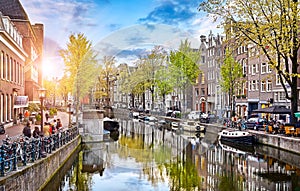 Channel in Amsterdam Netherlands houses river Amstel photo