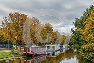 Channel with barges, Leiden, Netherlands