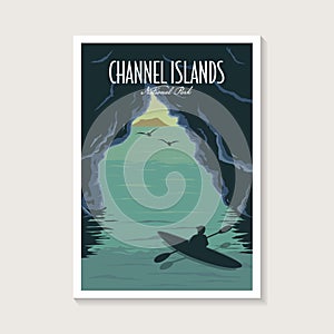 Channel Islands National Park poster illustration, Kayak on the Sea cave poster
