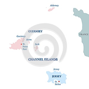 Channel Islands vector political map. Bailiwick of Guernsey and Bailiwick of Jersey with capitals. Archipelago off the French coas